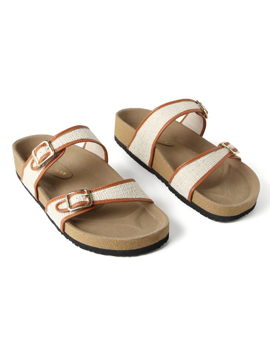 Solace (Beige Buckle Strap Comfort Flats)