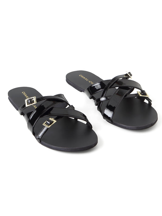 Ayra (Mutli-Strap Buckle Black Flats)