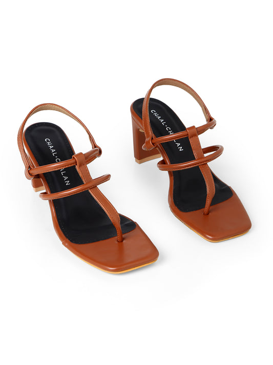 Freya The Strappy Brown Thong Block Heel