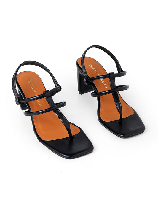 Freya The Strappy Black Thong Block Heel
