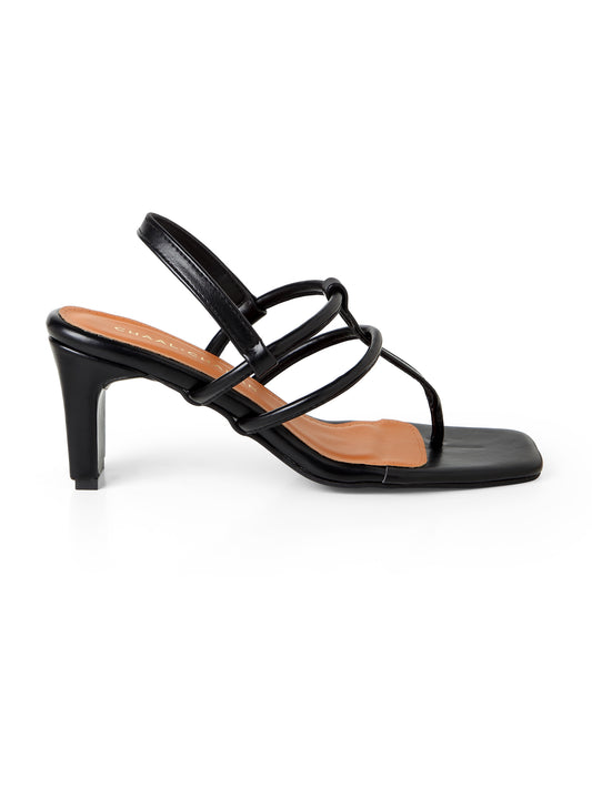 Freya The Strappy Black Thong Block Heel